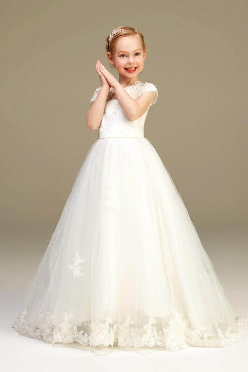 Ball-Gown Illusion Neck Princess Tulle Flower Girl Dresses With Appliques Lace 626723738802 - COCOMELODY